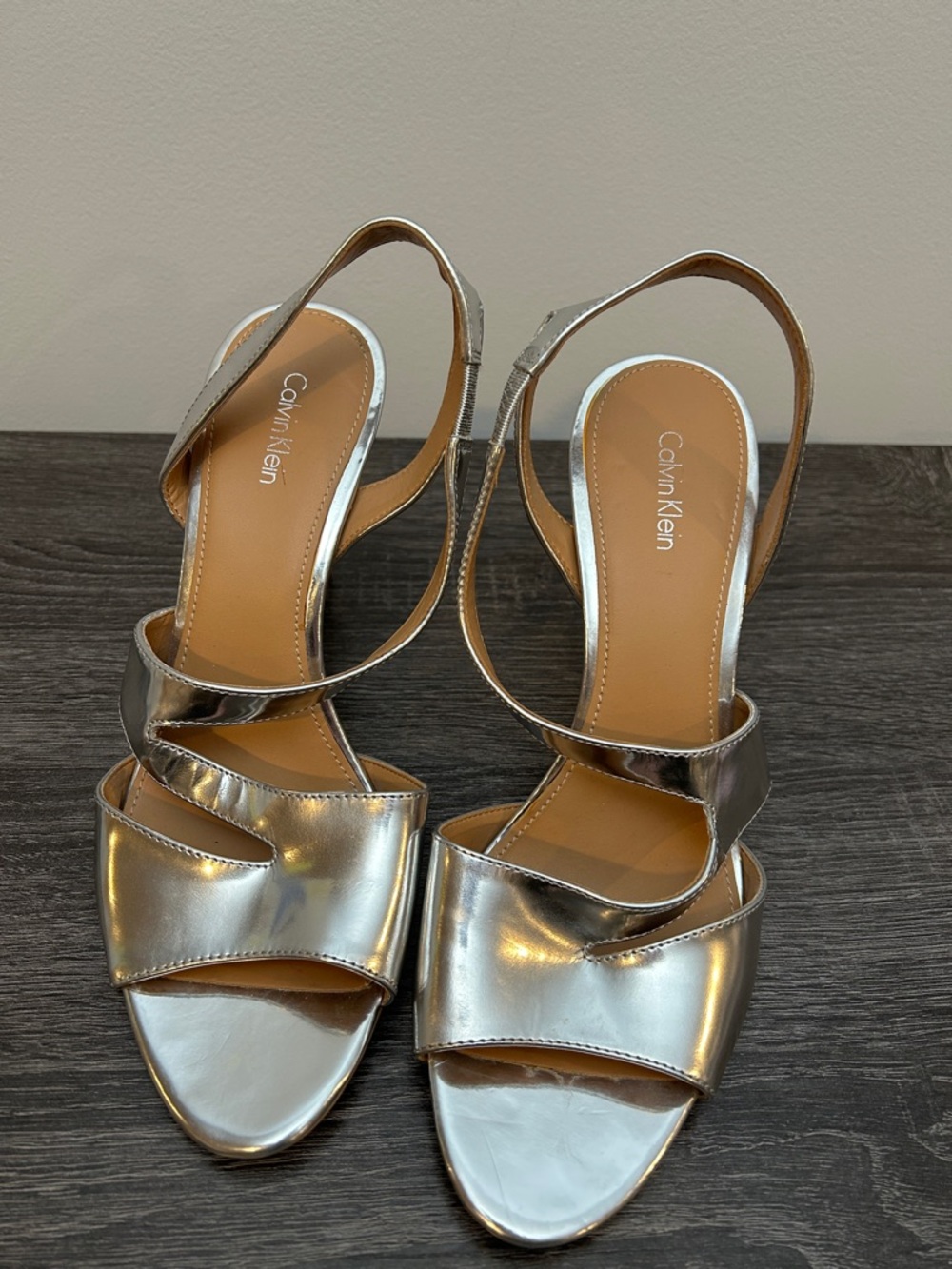 Calvin Klein Metallic Silver Strappy Slingback Heels